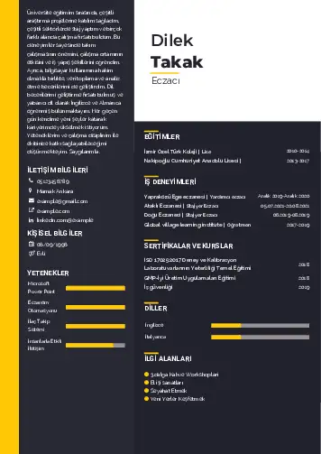 Eczacı CV Örnekleri cv indir